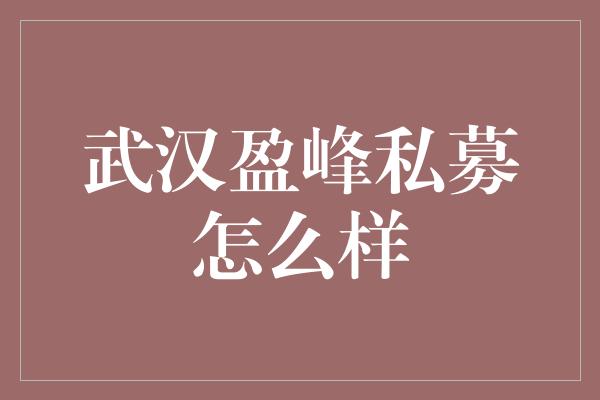 武汉盈峰私募怎么样